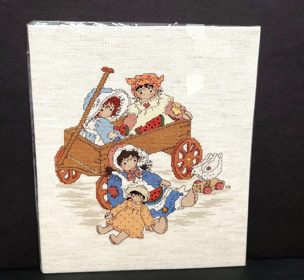 Handmade Completed Cross Stitch Nursery Room Children Wagon Primitive Needlework
